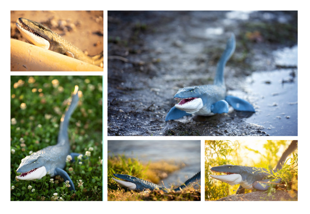 Photos of plastic toy dinosaur on the levee in Algiers Point, New Orleans, Louisiana.