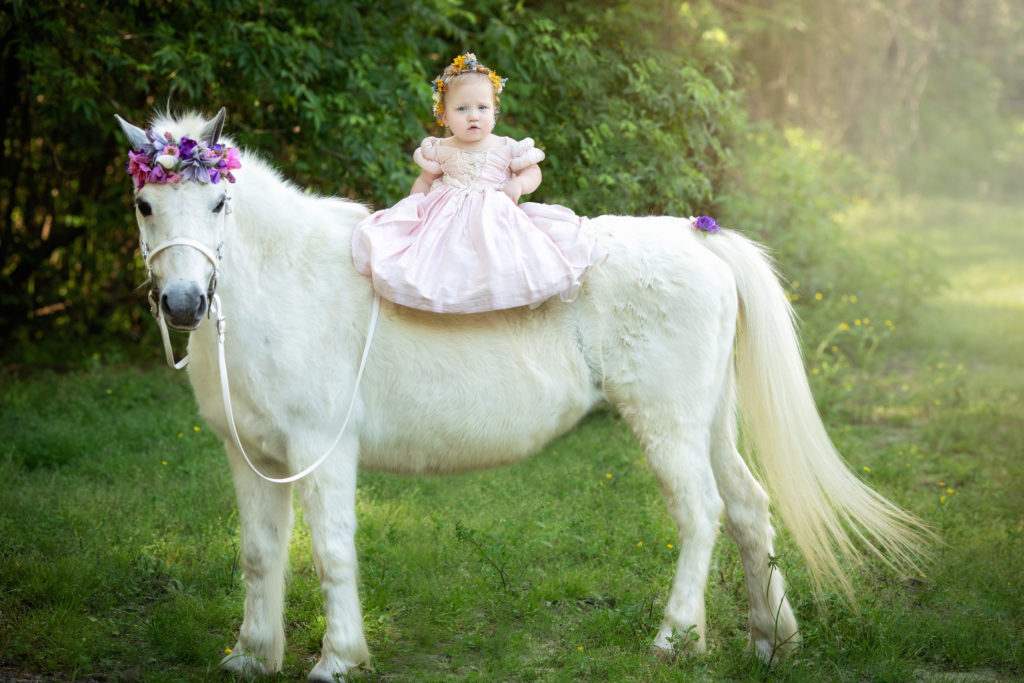 Composite image of a baby girl in a pink princess dress sitting on the back of a white Welsh pony with a unicorn horn and floral headband.