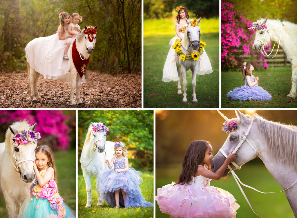 Collage of girls and unicorns.  the girls are wearing couture dresses and posing with Welsh ponies with unicorn horns.